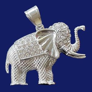 BEAUTIFUL BEJEWELED STAINLESS STEEL AND CRYSTAL ELEPHANT PENDANT